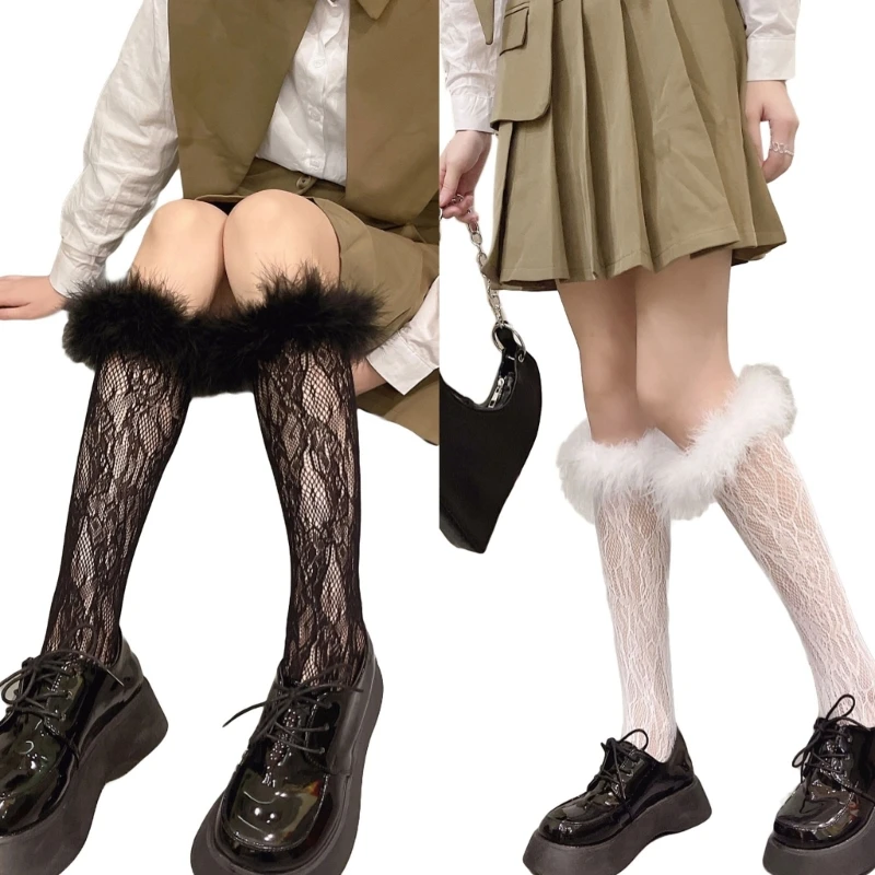 

MXMB Womens Stockings Lace Mesh Hairy Knee Socks Sexy Calf Socks Lace Socks