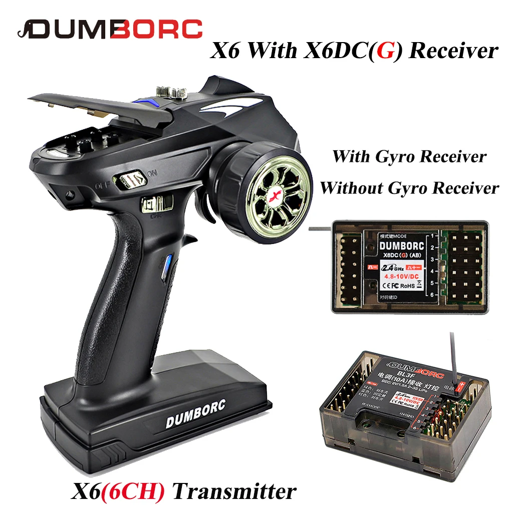 

DUMBORC X6 6CH RC Transmitter 2.4G Remote Controller with Gyro Receiver for 1/10 1/8 Car Crawler Axial SCX10 D90 Boat Model Part