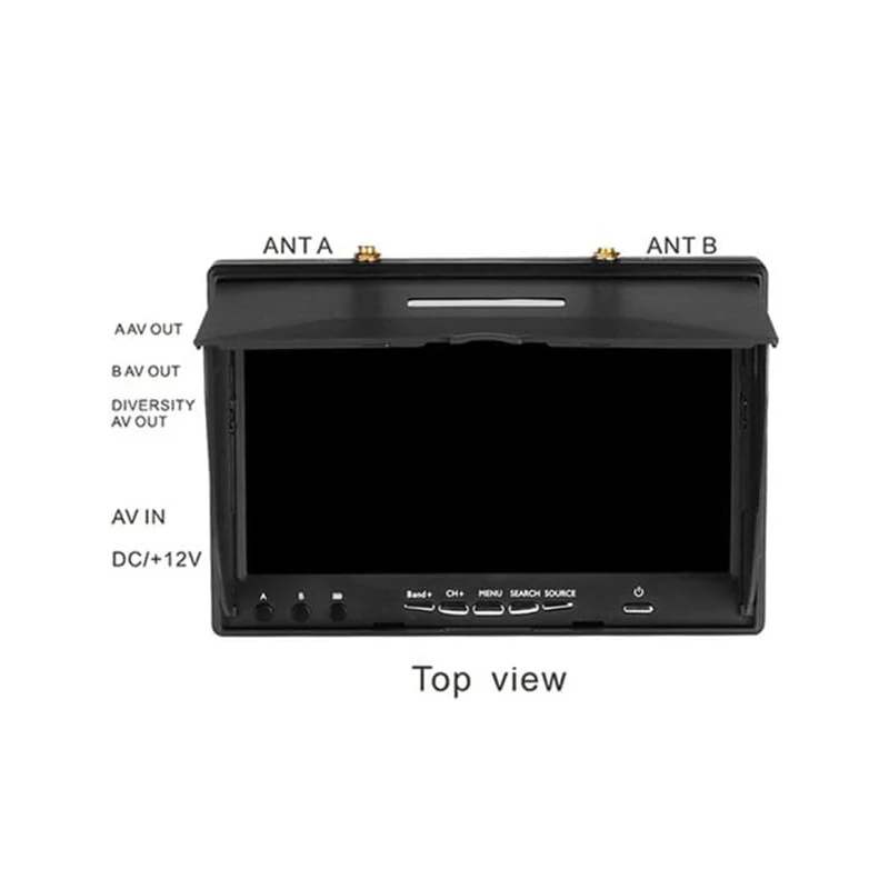 Vue arrière du moniteur FPV avec double récepteur diversité et DVR, connecté à une antenne.