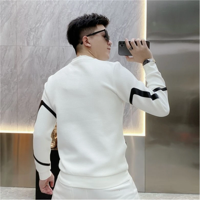 Korean Fashion Trend Autumn New Sweatshirts Men O-Neck New Zipper Jacquard Weave Youthful Vitality Casual Loose Loog Sleeve Tops 4