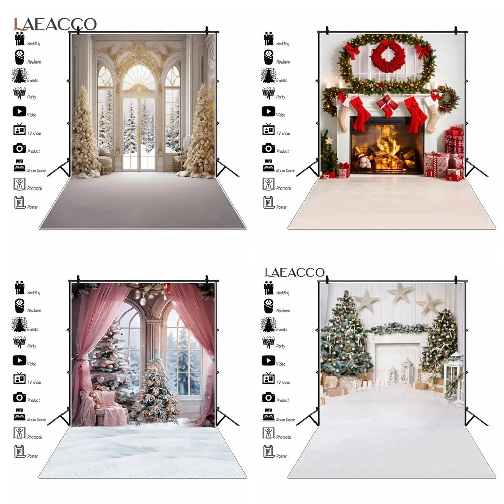 Winter Christmas Tree Gray Background Candle Festival Fireplace Wood Floor Xmas Family Shoot Kid Photo Backdrop for Photography photo backdrop