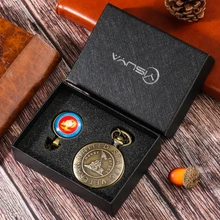 

Big Bronze Quartz Pocket Watch Necklace Marine Corps Logo Souvenir Gift Set for Men Pocket Watch Masculino Red Logo Pedent Chain
