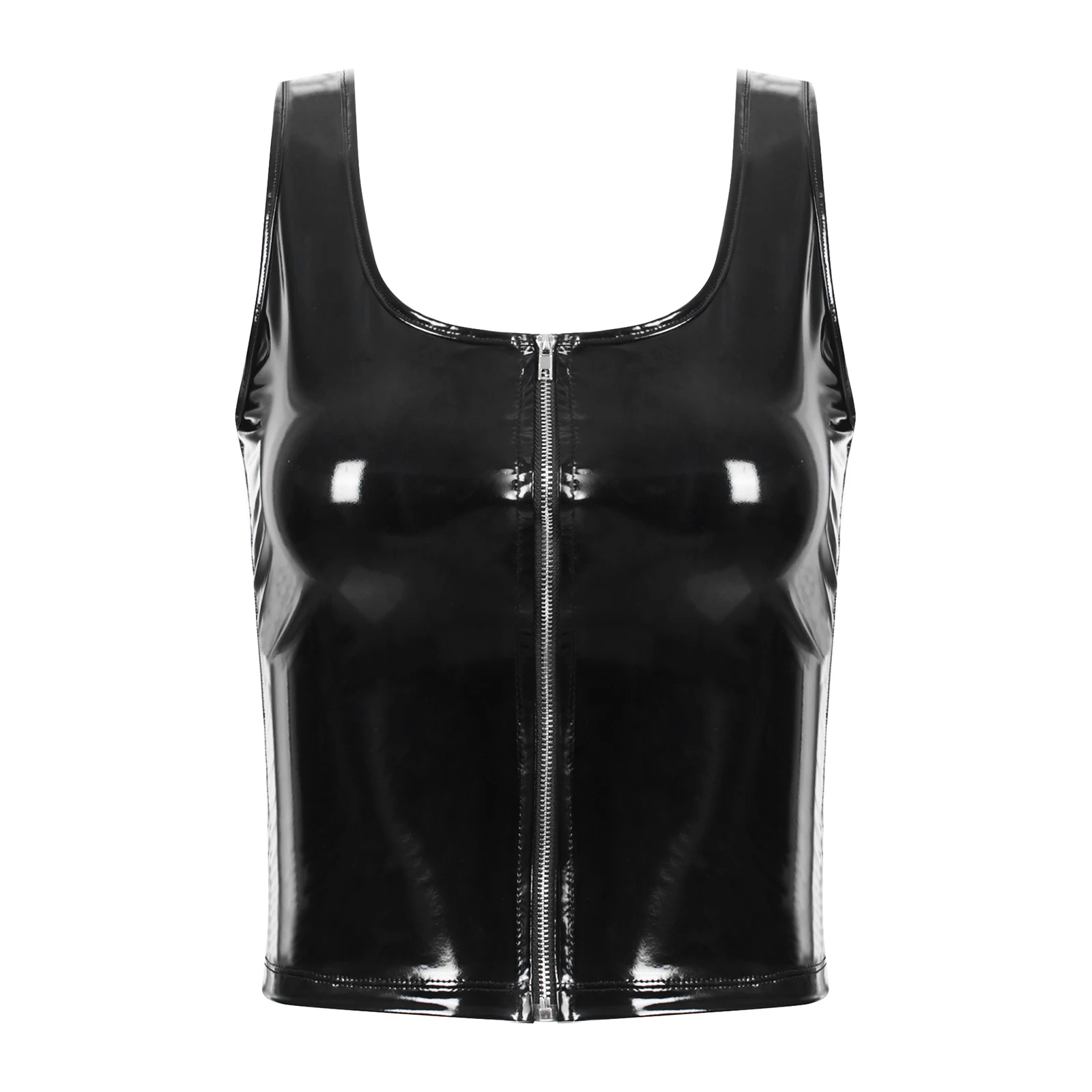 thumbnail image 1 of Camisola gótica punk sexy con tiras para mujer, aspecto mojado, de charol, camiseta sin mangas con cuello en U y cremallera frontal para mujer, 1 of 5