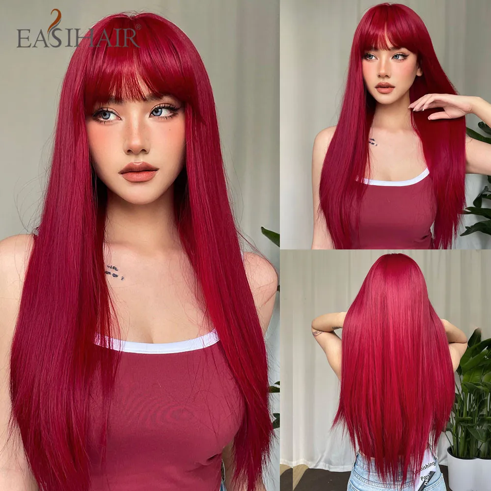 

EASIHAIR Long Straight Wine Red Synthetic Wigs with Bangs Burgundy Red Brown Cosplay Hair Wig for Women Natural Heat Resistant