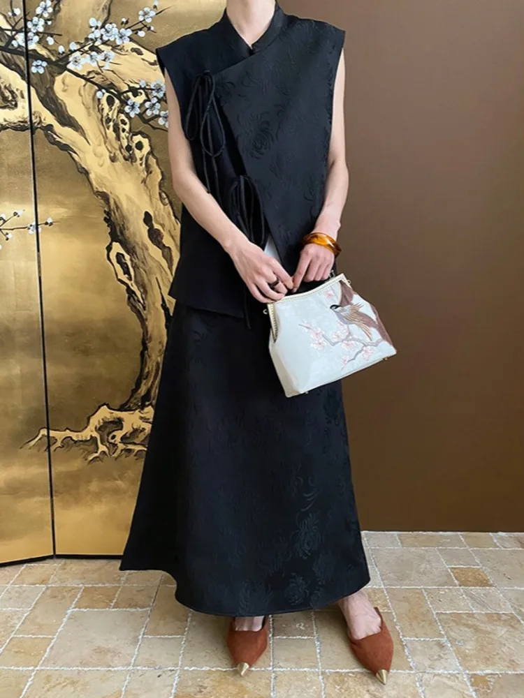 HALO Sleeveless Vest Skirt Two Piece Set For Women 2024 Spring/Summer New Design Sense Chinese Style Lace Up Jacquard