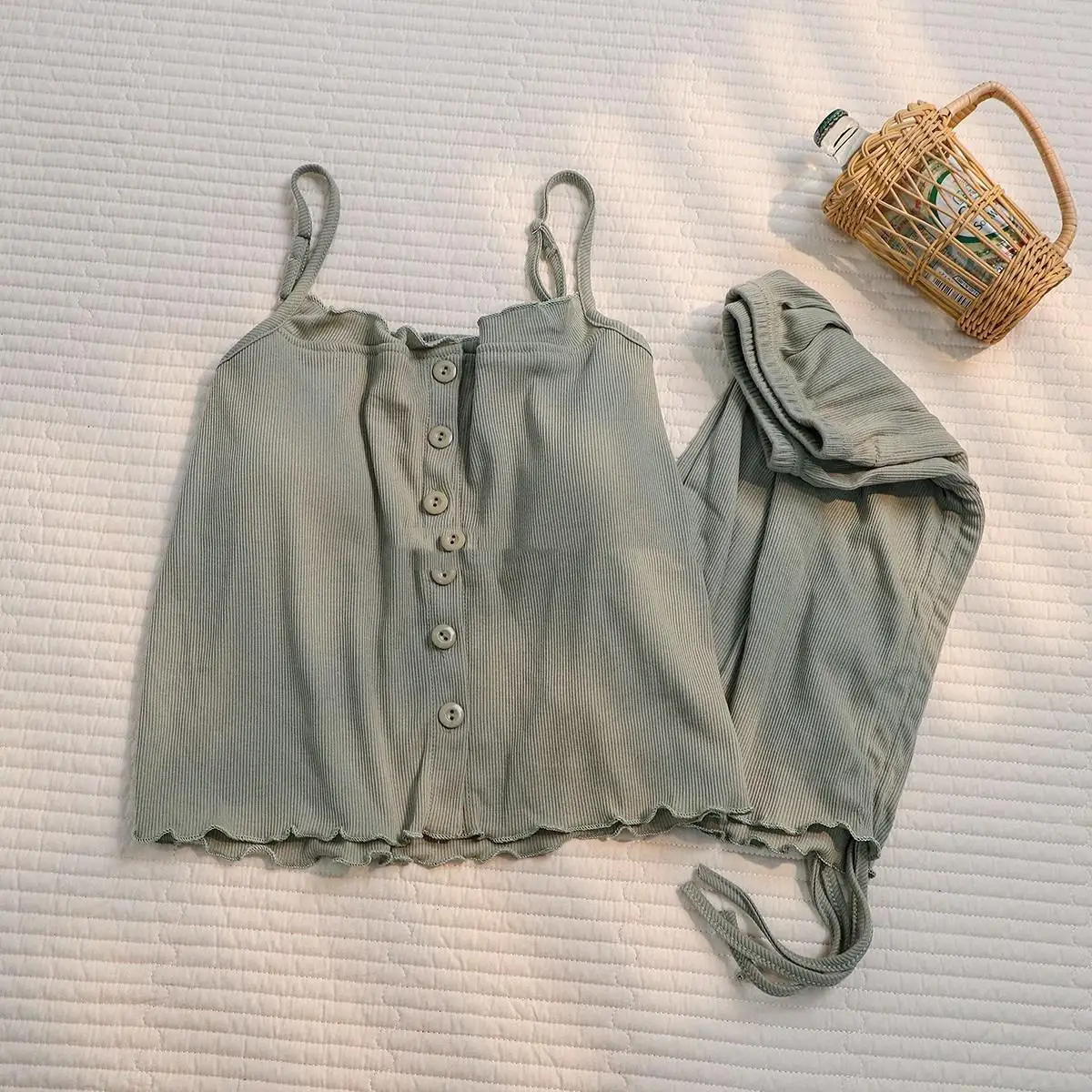 Cotton Camisole Pajama Set With Chest Pads 2 pcs Can be Worn Outside Ins Style Skinny Sweet and Cute Loungewear 2023 NEW