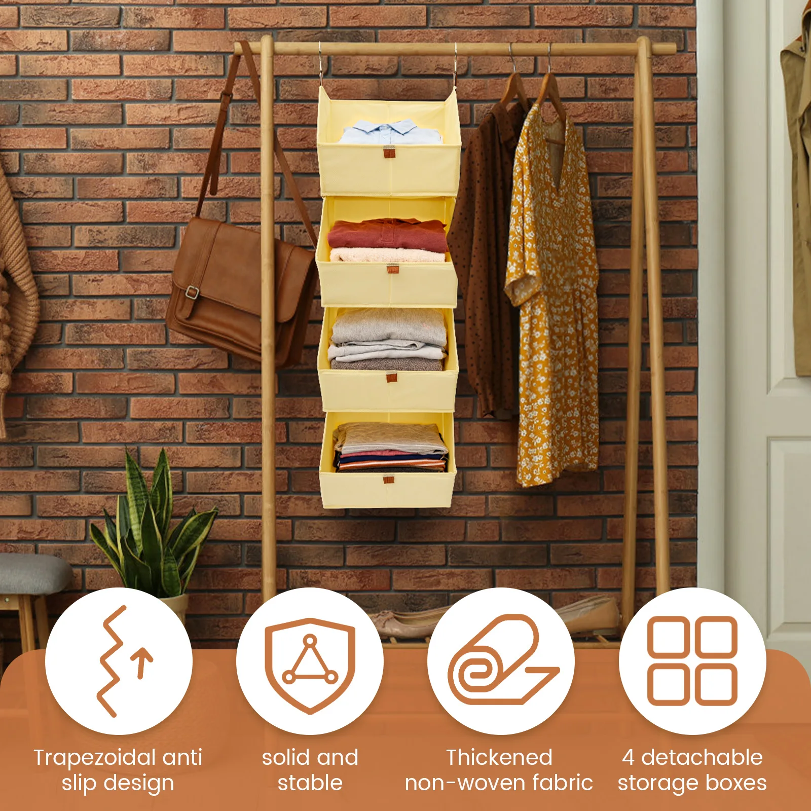 4 Tier Hanging Closet Organizer Thickened Nonwoven Fabric Closet Storage Bin Removable Storage Rack for Clothes Shoes Towel Toy