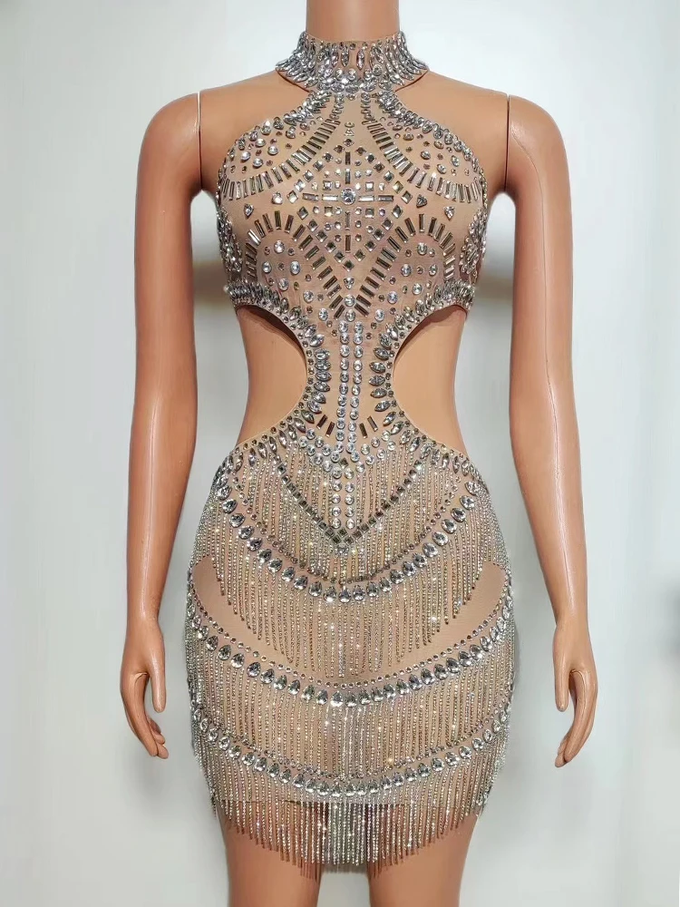 

Shining Rhinestone Sexy See Through Mesh Women Dress Backless Transparent Party Show Photo Shoot Wear Stage Performance Costume