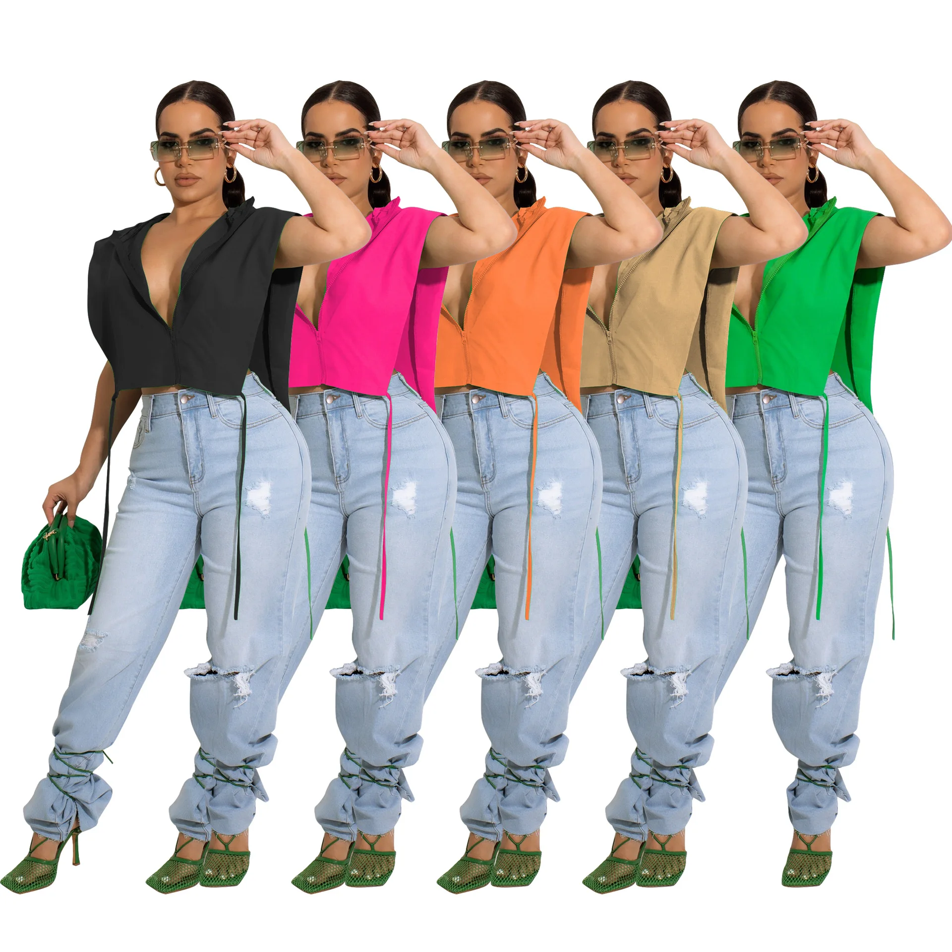 Echoine 여름 캐주얼 섹시 슬릿 후드 작물 상단 2022 새로운 여성의 느슨한 야생 민소매 측면 중공 레이스 업 지퍼 조끼