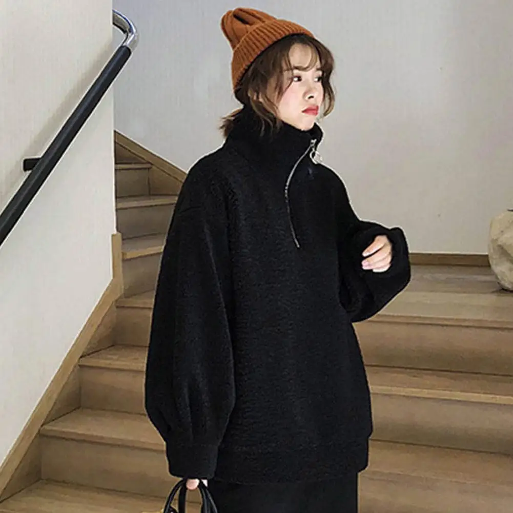 Women Solid Color Sweatshirt Cozy High Collar Women's Sweatshirt with Zipper Thick Plush Long Sleeve Pullover Warm for Fall women sexy backless pullover black solid color round collar long sleeve crop tops s m l