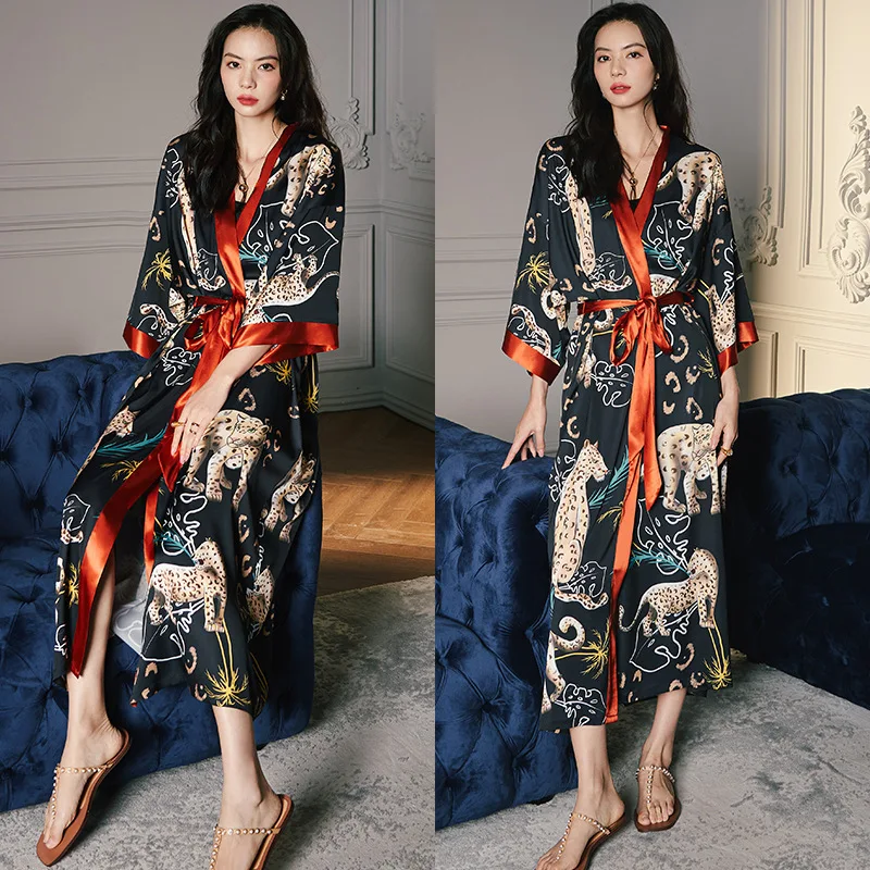 Summer Women Robe Bathrobe Loungewear Pajamas Satin Ice Silk Sleepwear Plus Size Luxury Print Long Nightwear Pyjama Pour Femme