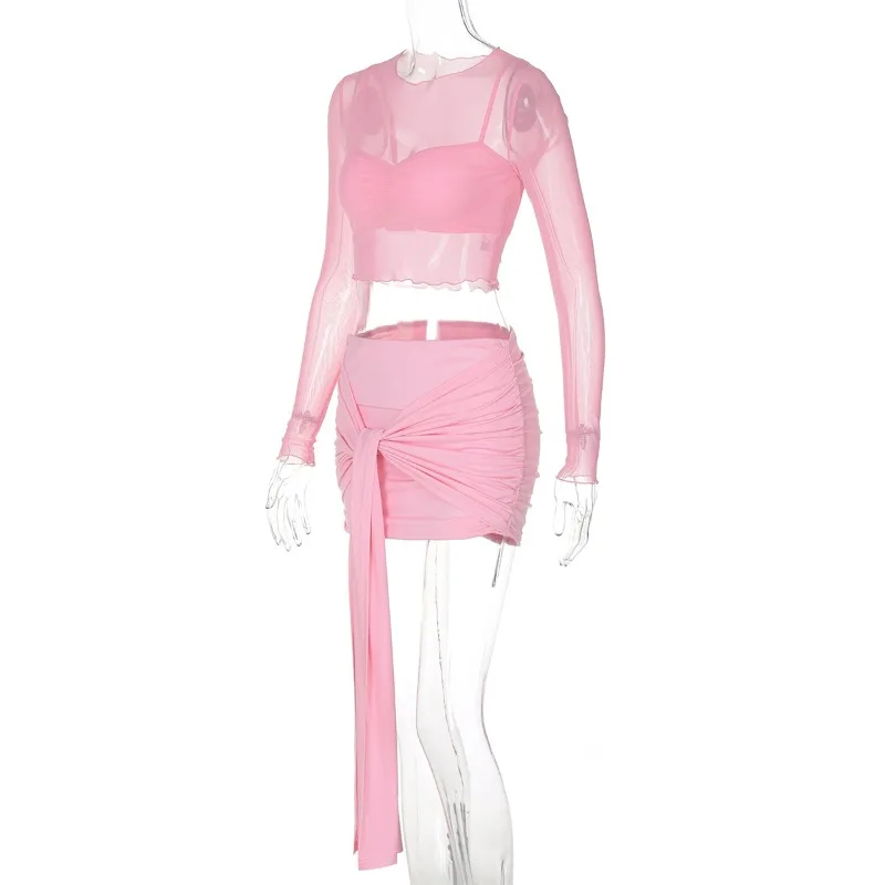 Casual See-Through 3 Piece-Set Skirt Female Pleated Long Sleeve Cropped Top And High Waist Skirt Sets Women's Outfits