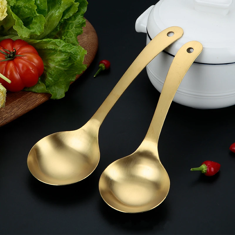 Silicone Rice Spoon Stainless Steel Rice Soup Spoon Long Handle Stirring Dessert Spoons Golden Mirror Polished Tableware
