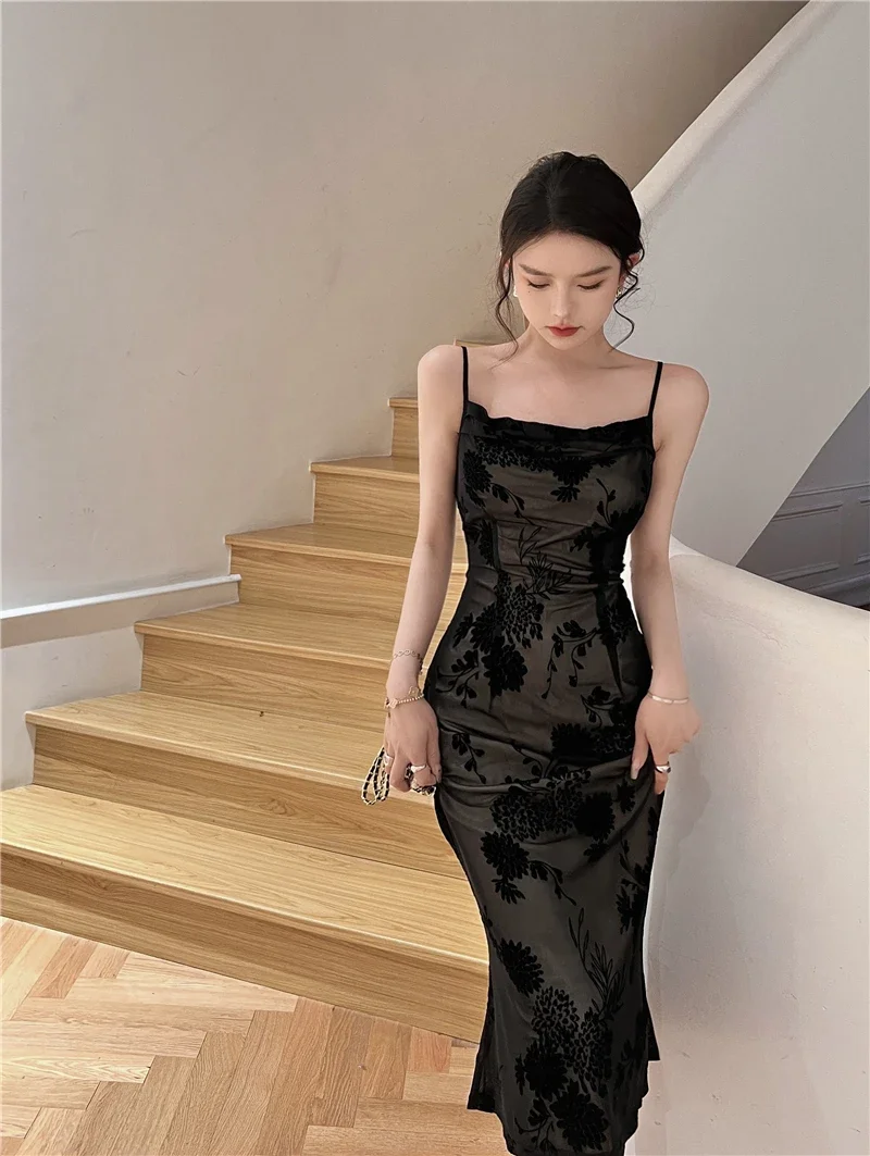 

Lace Black Elegant Women Dress Vintage Strap Embroidery Floral Mermaid Midi Club Gown Robe Femme Ropa Sexy Mujer Verano Vestidos