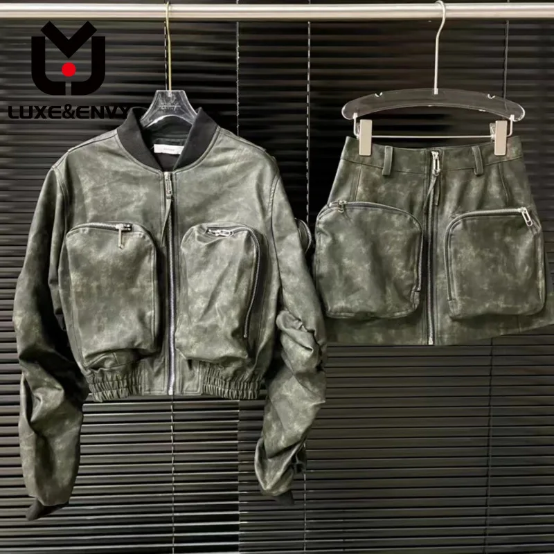 

LUXE&ENVY 2023 Autumn New Stand Collar Long Sleeve Pleated PU Leather Jacket + Zipper Pockets Slim Skirts Two-piece Sets