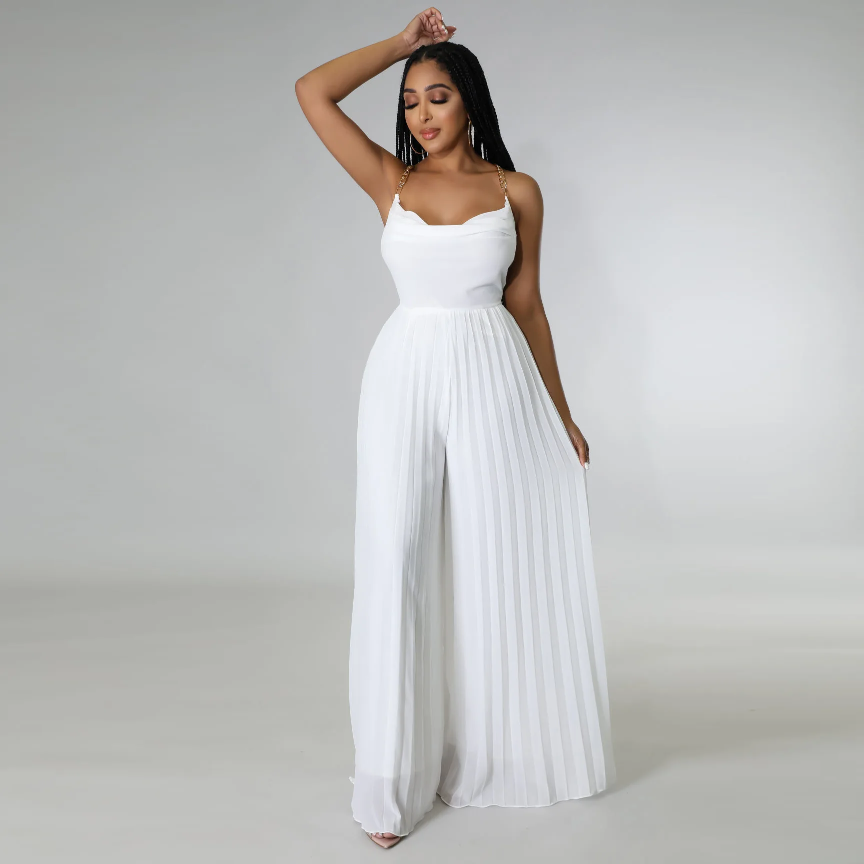 

Summer Fashion Women's Solid Round Neck Open Back Loose Pleated Wide Leg Jumpsuit