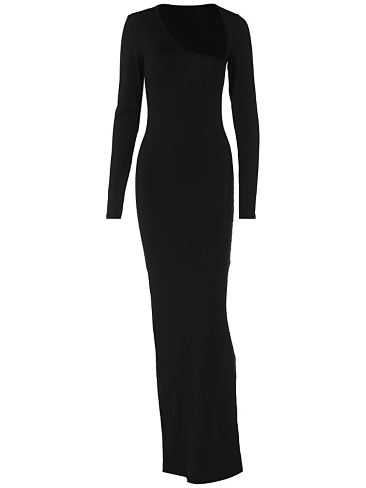 Sexy Black Evening Party Dress Women Elegant Fall Winter Outfits Asymmetrical Long Sleeve Night Club Party Split Maxi Dresses 6