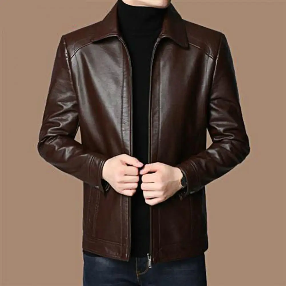 Faux Leather Jacket Stylish Men's Faux Leather Motorcycle Jacket with Stand Collar Zipper Neck Protection Windproof for Autumn