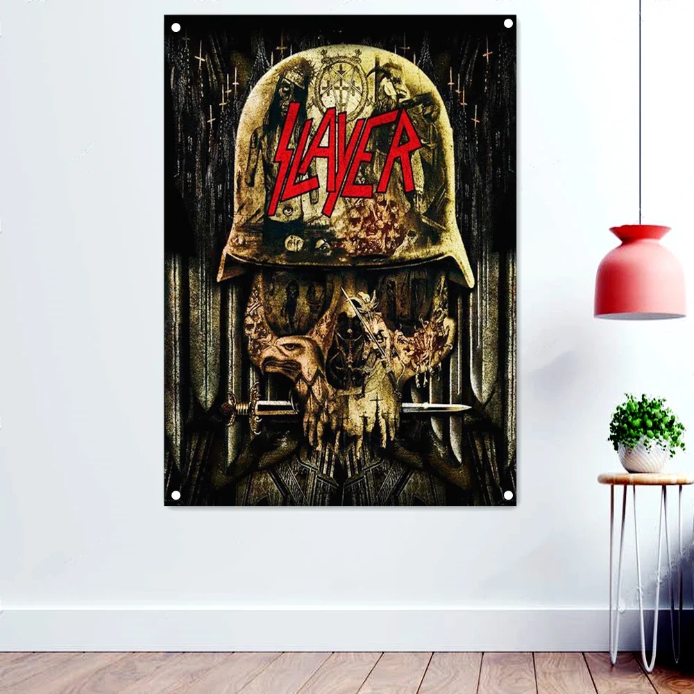 

Skull Helmet Heavy Metal Artwork Banner Wall Art Scary Bloody Wallpaper Flag Death Art Tattoos Rock Band Posters Home Decoration