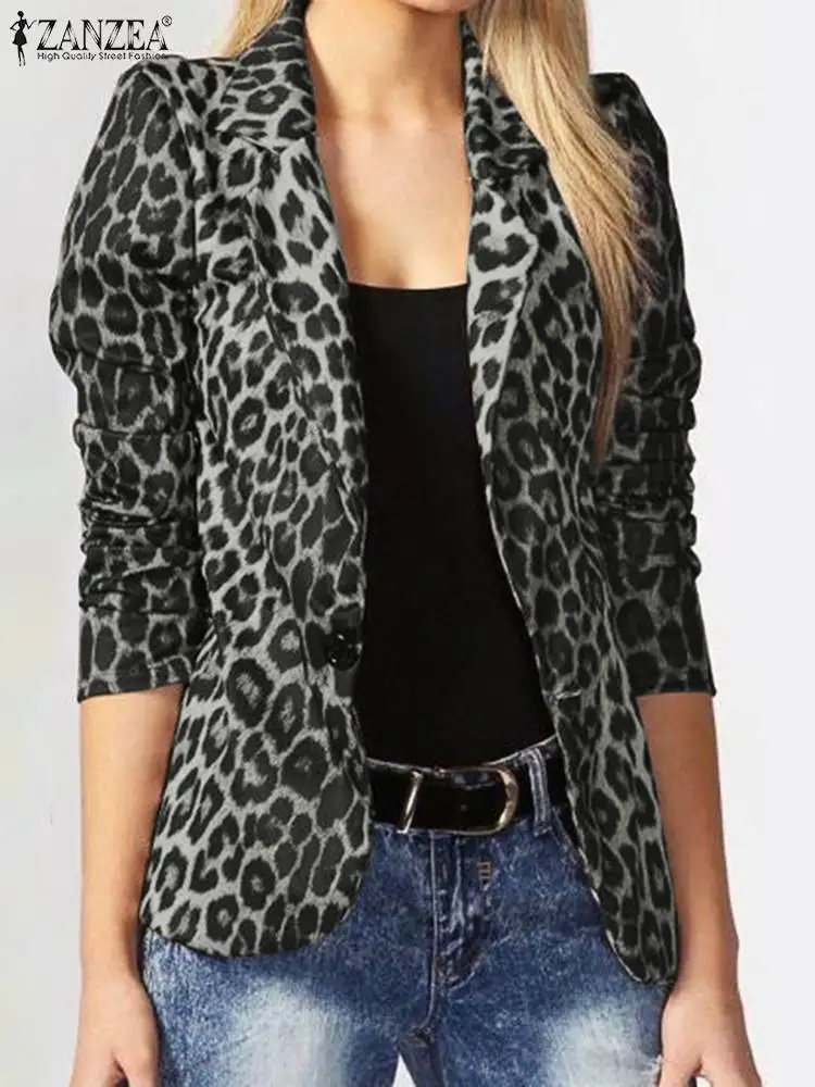 Leopard Print Polyester Blazer for Women Office Wear