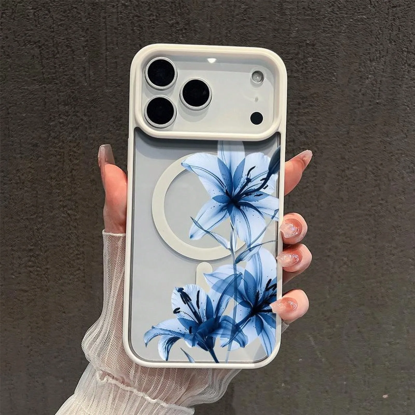 Blue Lily Whisper Transparent Magnetic Matte Phone Case with Large Hole Frame