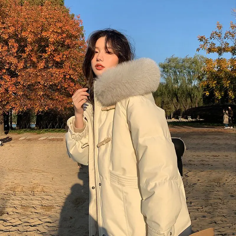 

Winter Women White Duck Down Jacket Ladies Short Warm Puffer Coat Female Loose Vintage Elegant Zipper Quilted Coats G919