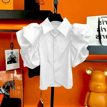 Lantern Sleeve Slim Fit Black Shirt Top Women's Lapel French Shirts Blusas Mujer Loose Blouse White Roupas Femininas New 1