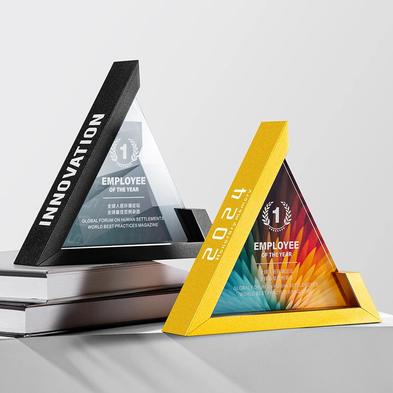 Customized Triangle Shape Metal Crystal Trophy, Excellent Staff Company Annual Meeting Awards, Home Decor Outstanding Medal, 1Pc