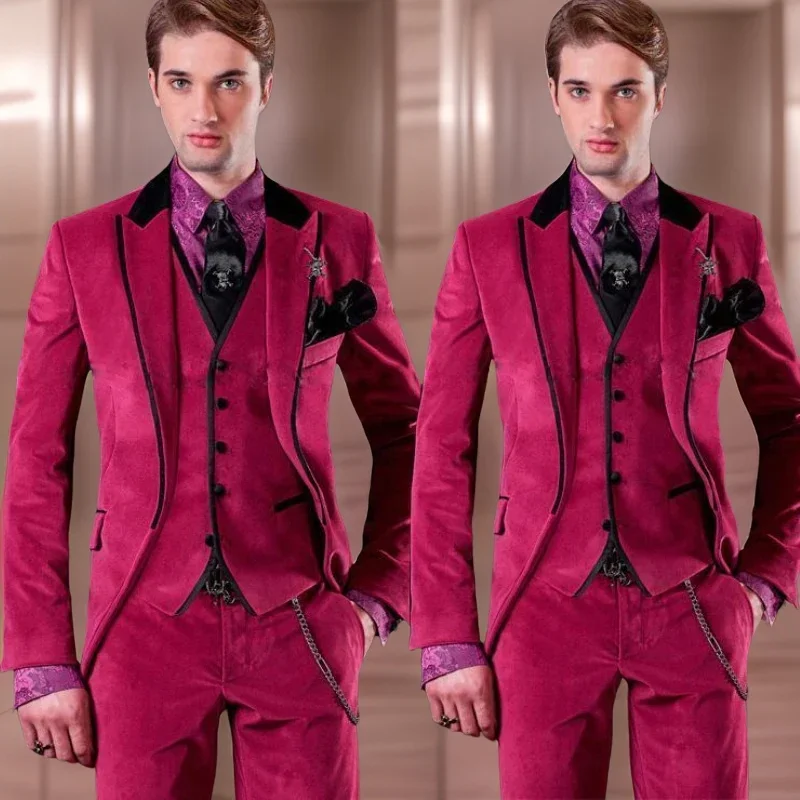 

Velvet Men Wedding Tuxedos 3 Pcs Groomsmen Wear 2024 Slim Fit Men Suits Custom Made Fashion Costume (Jacket + Vest + Pants )