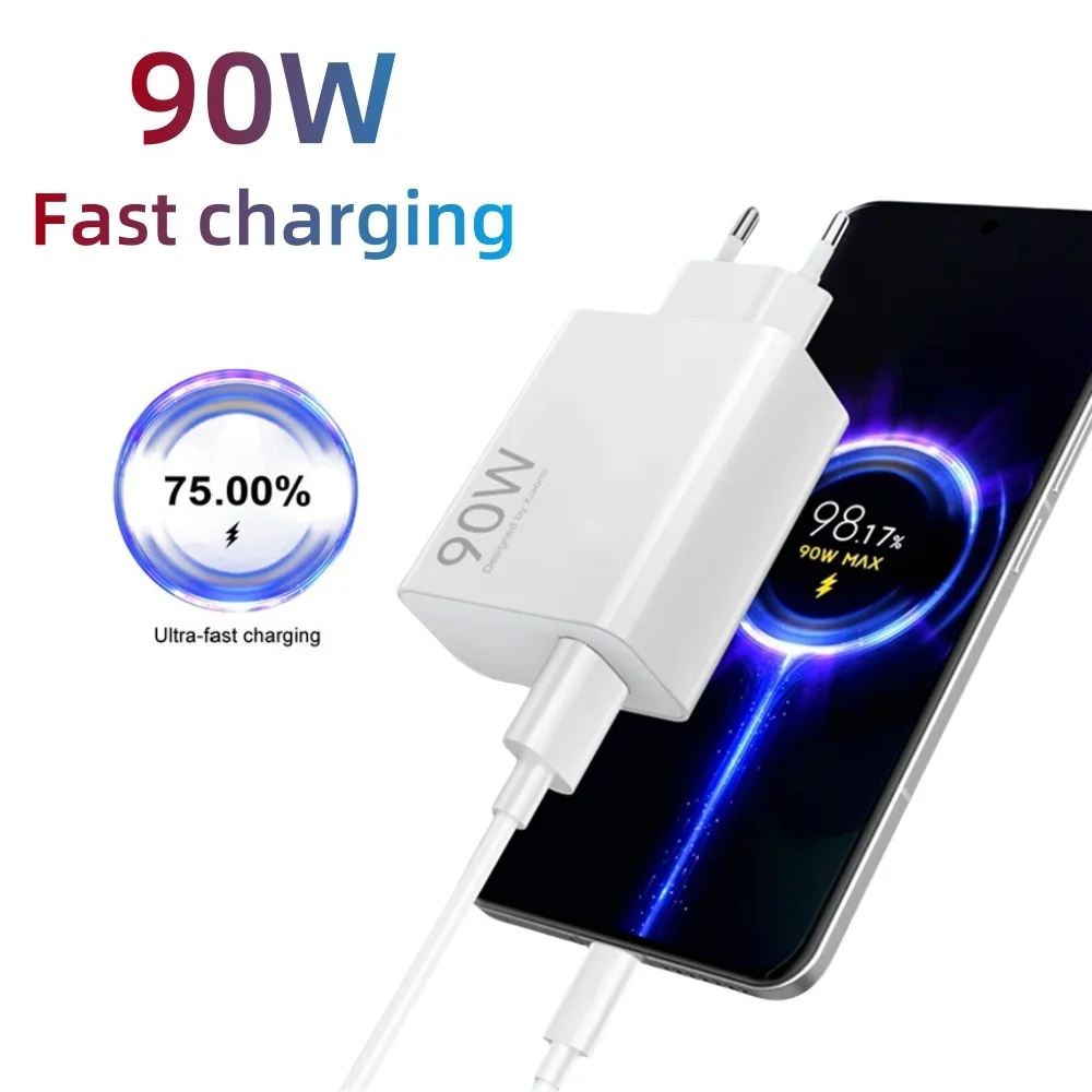 90W Single Port USB Charger Fast Charging Chargers with Fast Charge USB to Type C Data Cables Quick Charge Travel Power Adapter