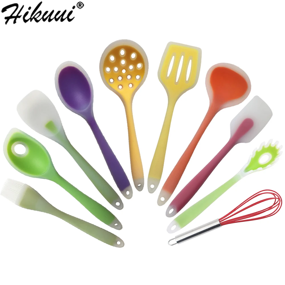 Set 12 Utensili Da Cucina In Silicone E Legno - Spatole, Mestoli, Pinze, Resistente Al Calore Fino A 230&deg;C, Verde
