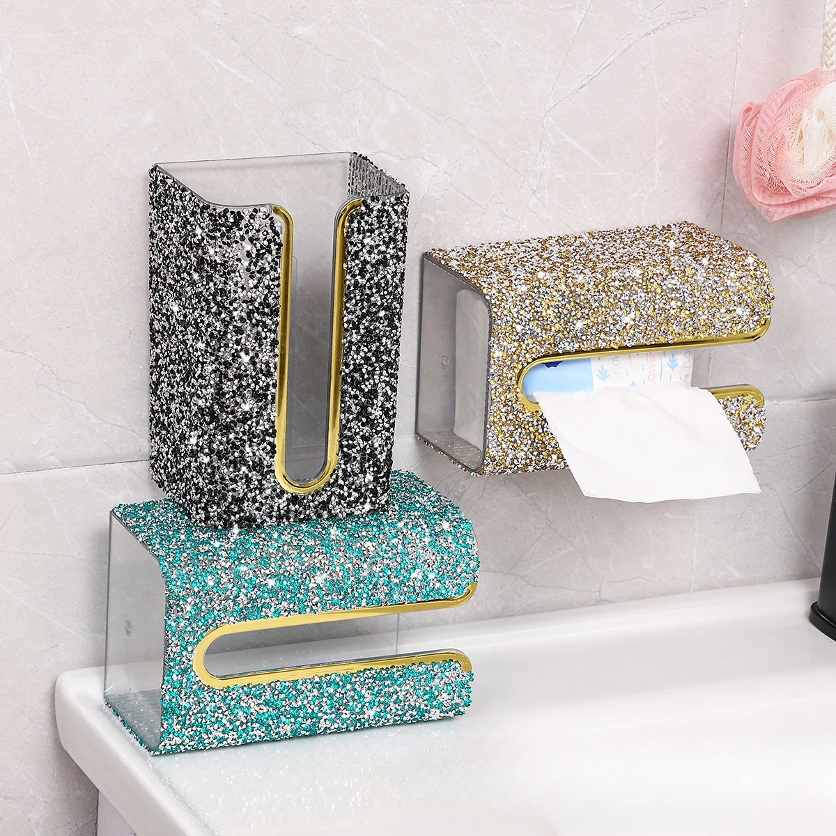 

Cross-border diamond-encrusted tissue box luxury household desktop living room bathroom makeup table ins nail-free wall-mounted