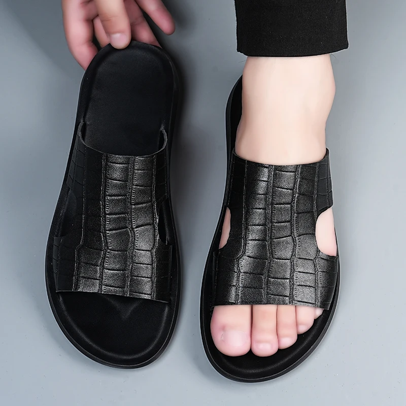 صنادل رجالية صيفية عصرية بنمط جلد التمساح، مقاومة...