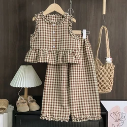 Chic Pink Girl's Summer Two - Piece Set with Sleeveless Top and Casual Pants - 10T (TZ400 brown)