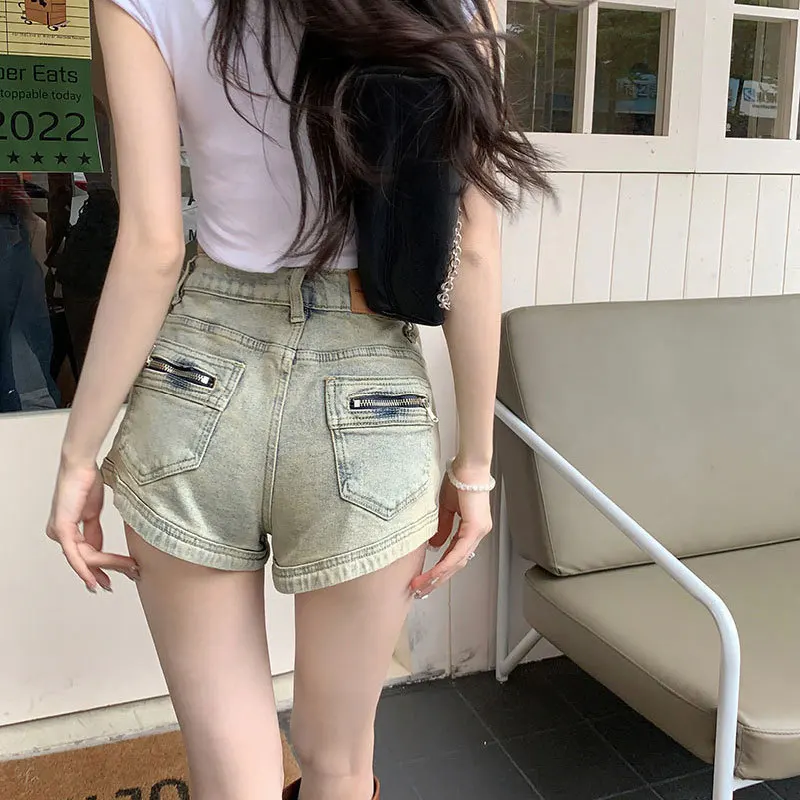 Summer Denim Shorts Women Vintage Zipper Pocket High Waist Short Jeans Female Casual Straight Leg Short Pants Mujer Hotpants New