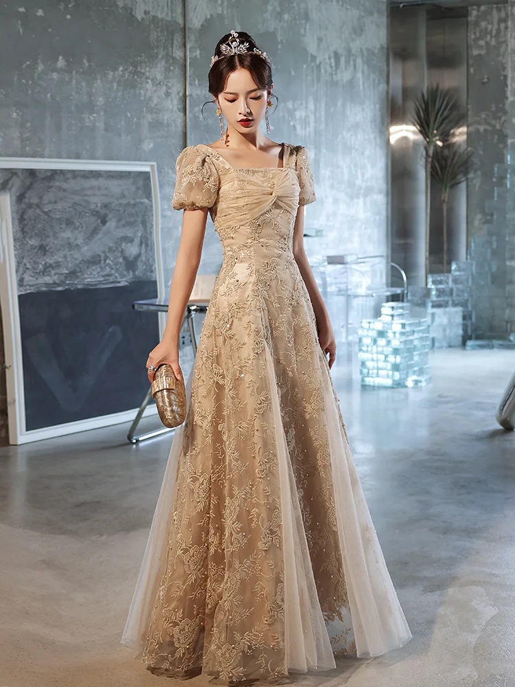 

Champagne Applique Cocktail Dress Women Square Neck Puff Sleeve Beaded Prom Gown Female Vintage Elegant Evening Dresses