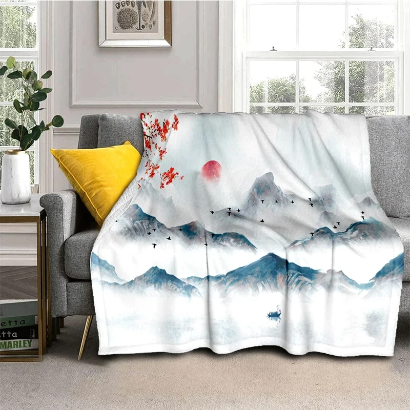

Chinese Painting Flannel Blanket,Floral and Mountain Blanket for Child Gift,Watercolor Ink Art Painting Throw Blanket for Couch