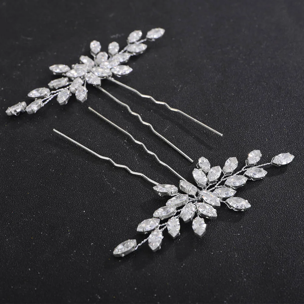 2PCS Wedding Zircon Hair Pins Silver Bridal Bride Hair Accessories for Women Handmade Bridesmaid Piece Tiaras Gold Tiaras