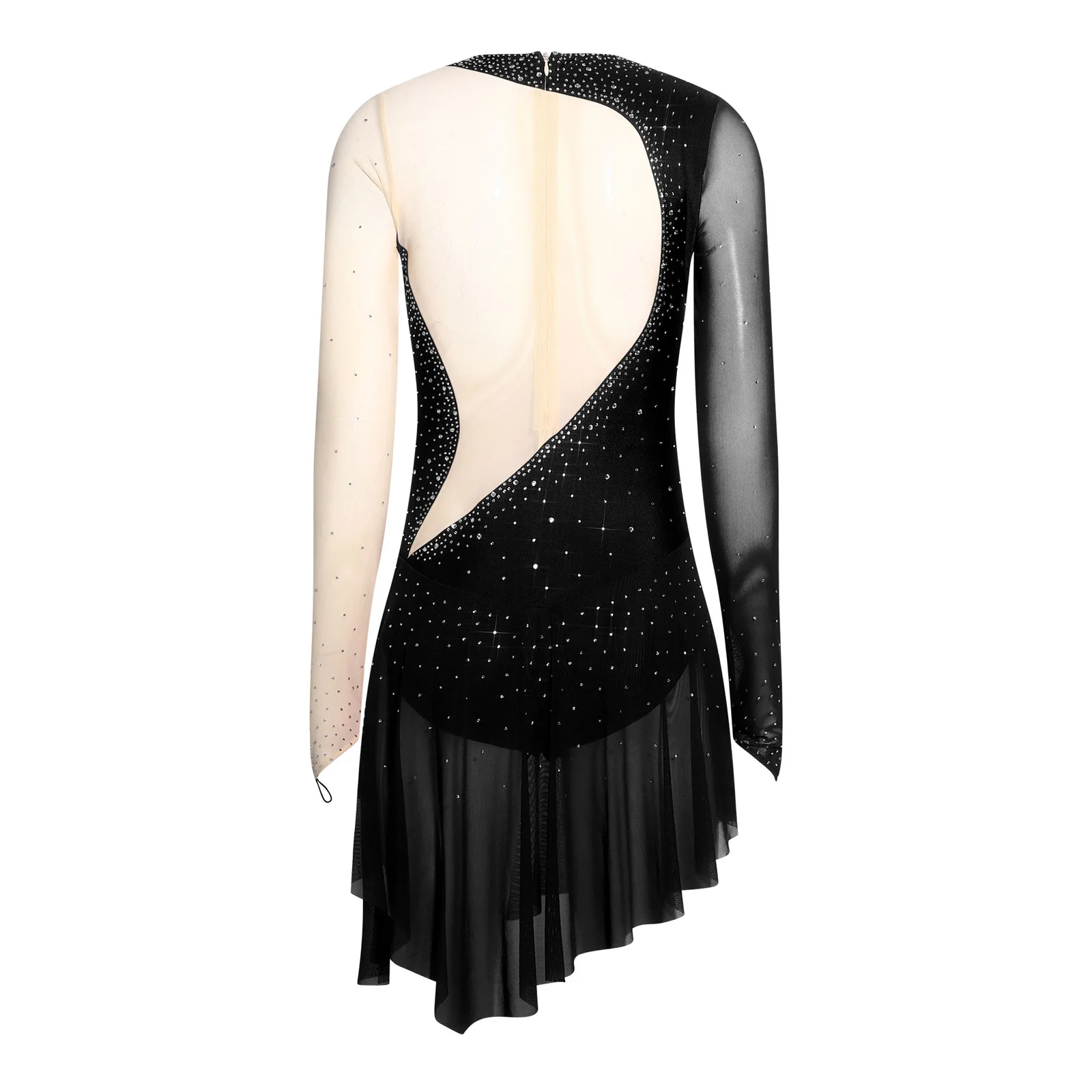 Damen Gymnastik Eiskunstlauf Ballett Lyrisches Tanz-Performance-Kostüm Strass Netzstoff Langarm Lateinamerikanisches Tanzkleid – Detail 12