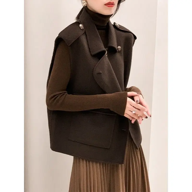 Elegant Fashion Solid Turn-down Collar Vests Coat Women's Clothing Autumn Winter Korean All-match Button Spliced Sleeveless Coat