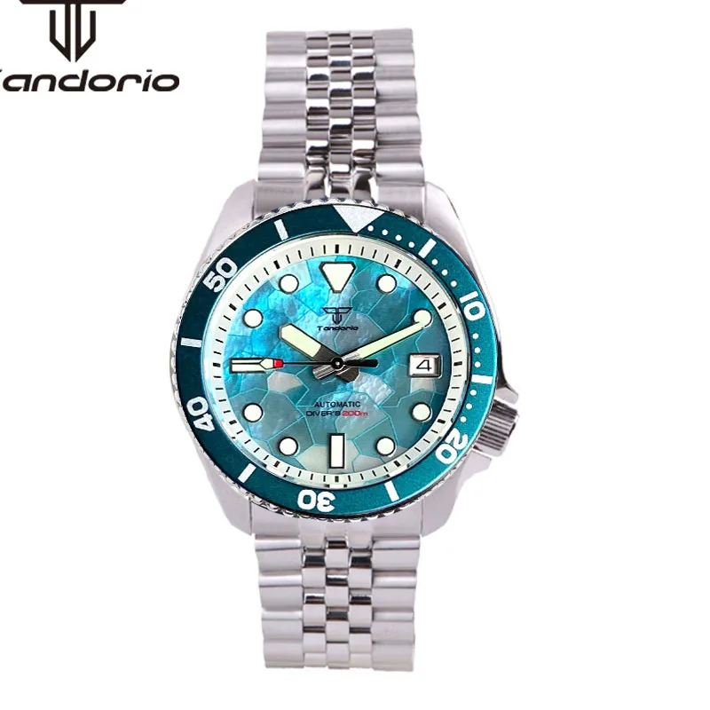 Tandorio Fashion NH35A 41mm 200m Dive Men's Automatic Watch Mother of Pearl Dial Sapphire Glass Luminous Date Rotating Bezel tandorio 41mm nh36a 200m men s automatic dive wristwatch 120 clicks rotating bezel sapphire glass week date dial steel bracelet