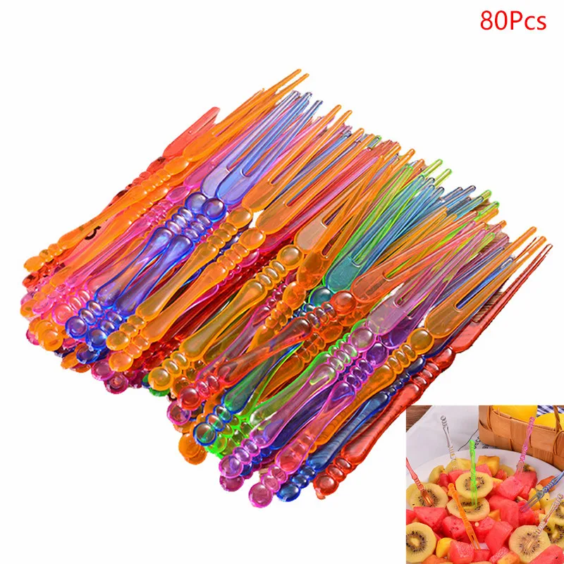 Mini Color Transparent Disposable Forks For Party BBQ Sticks Picks Skewer Set Home Dining Plastic Food Cake Fruit Fork 80pcs