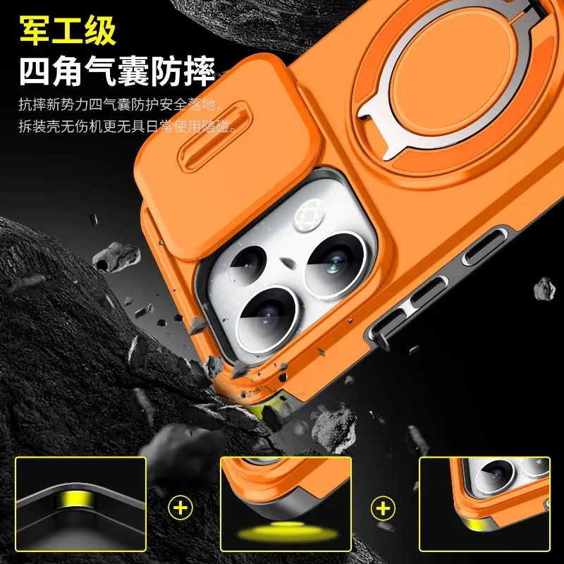 Magnetic 360° Ring Armored Shockproof Phone Case with Camera Sliding Window and Protective Shell