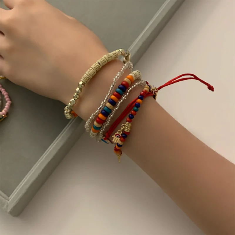 Beaded Bracelet Vintage Bohemia Multilayer Elastic Beaded Bracelets Set For Women Evil Eye Beads Combination Handmade Bracelet Jewelry Gift