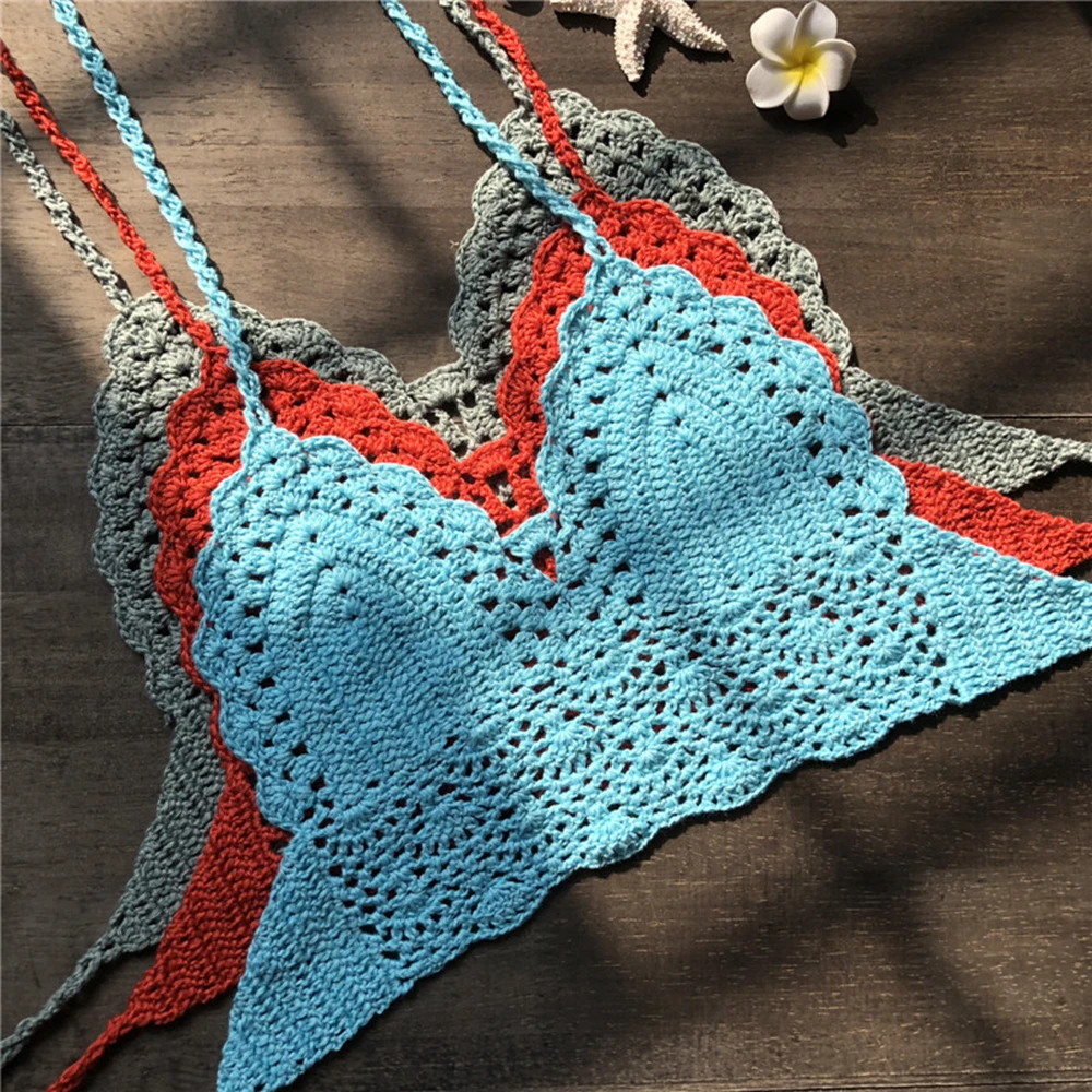 

Sexy Women Bikini Tank Crochet Crop Top Boho Beach Camisoles Bikini Halter Neck Vest Cami Knitted Bralette Bra Tank Top Backless