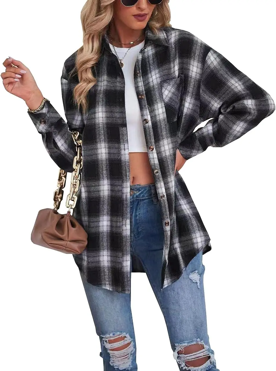 Pregnant women's new foreign trade European and American lapel loose button flannel shirt plaid long sleeved top jacket
