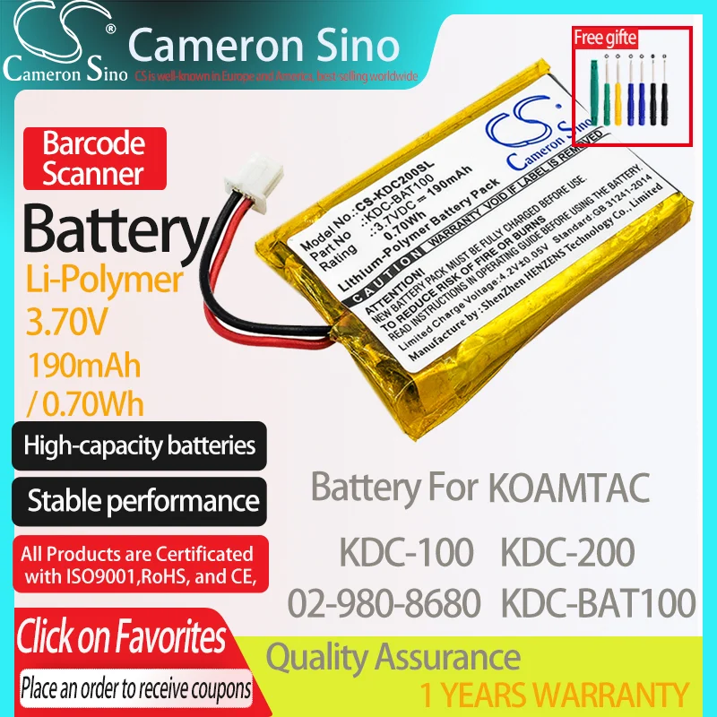 CameronSino Battery for KOAMTAC KDC-100 KDC-200 fits KOAMTAC 02-980-8680  KDC-BAT100 Barcode Scanner battery 190mAh/0.70Wh 3.70V