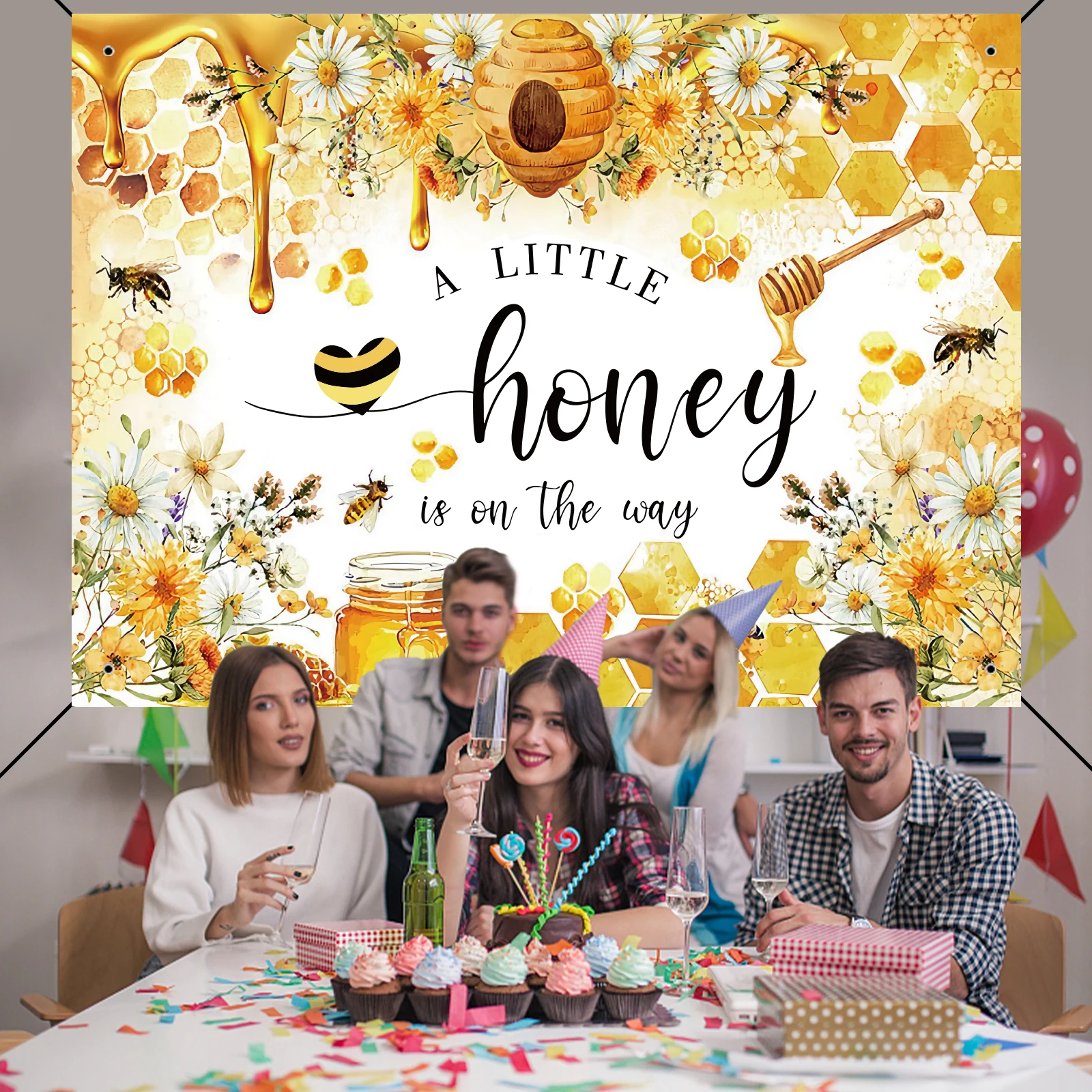 Bee Baby Shower Backdrop A Little Honey is on The way Baby Shower Party Decorations Banner for baby Honeycomb Bumble Bee Sh