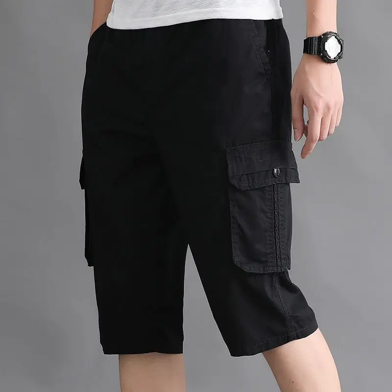 Summer Casual Comfortable Men's Middle-aged Elderly Seven-Point Pants Loose Shorts Solid Color Pocket Fashion Short Pants 2023