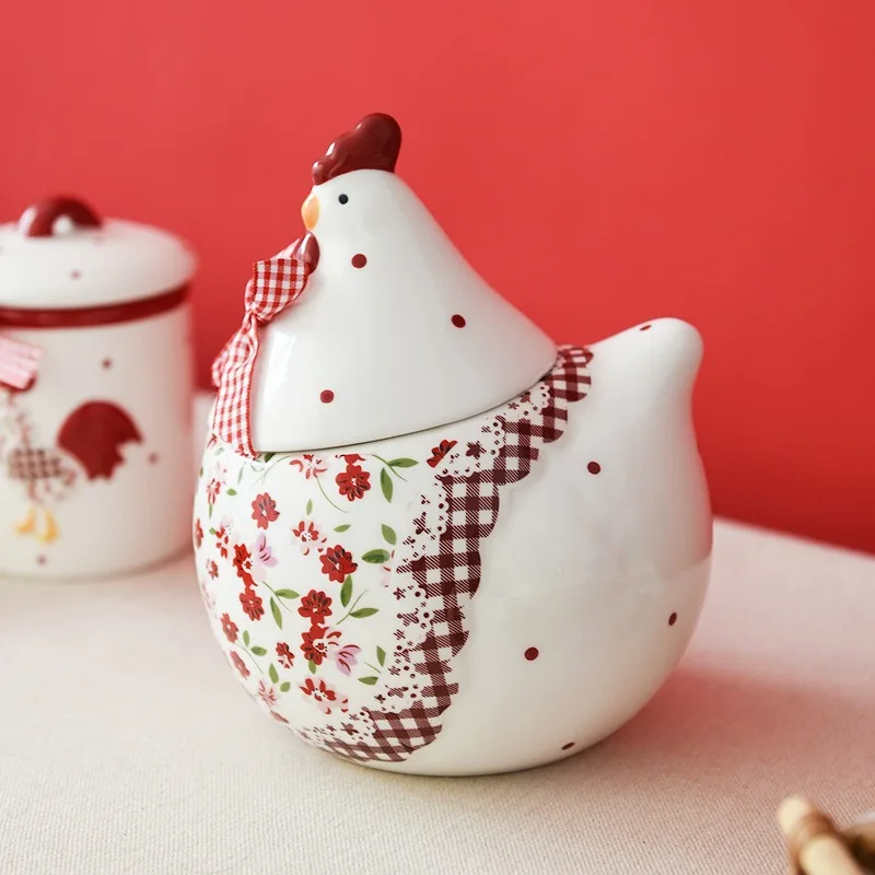 Red Chicken-shaped Ceramic Sealed Storage Jar, Creatively Designed Container, Cute and Interesting Household Item Good-looking